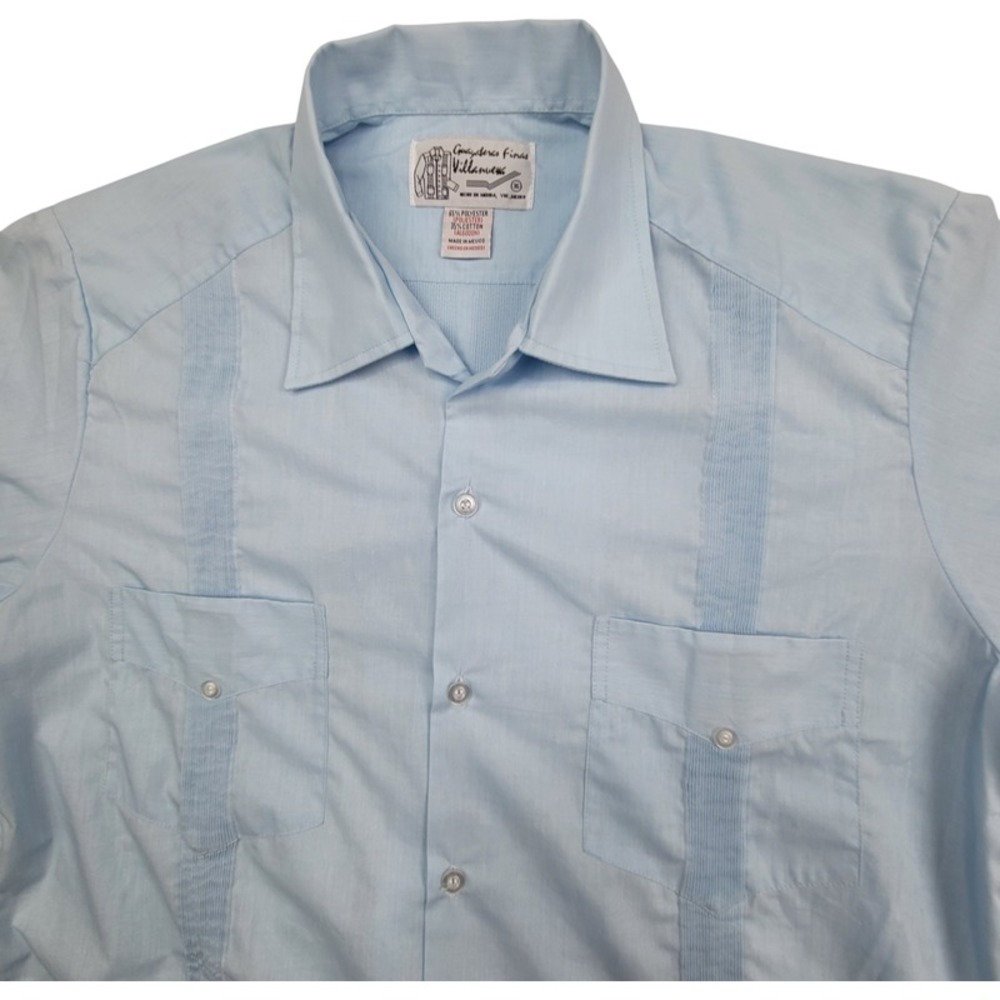 Mens Light Blue Guayabera Finas Villanueva Short Sleeve Shirt XL  Sz 36 - Medium